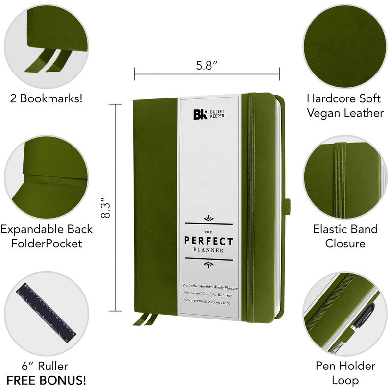 BK UNDATED Yearly Weekly/Monthly Planner 2026-27 Daily Planner Agenda & Personal Organizer to Increase Productivity, Academic Planner w/Sticker Set. A5 (5.8 x 8.3) - Green Hardcover - Image 2